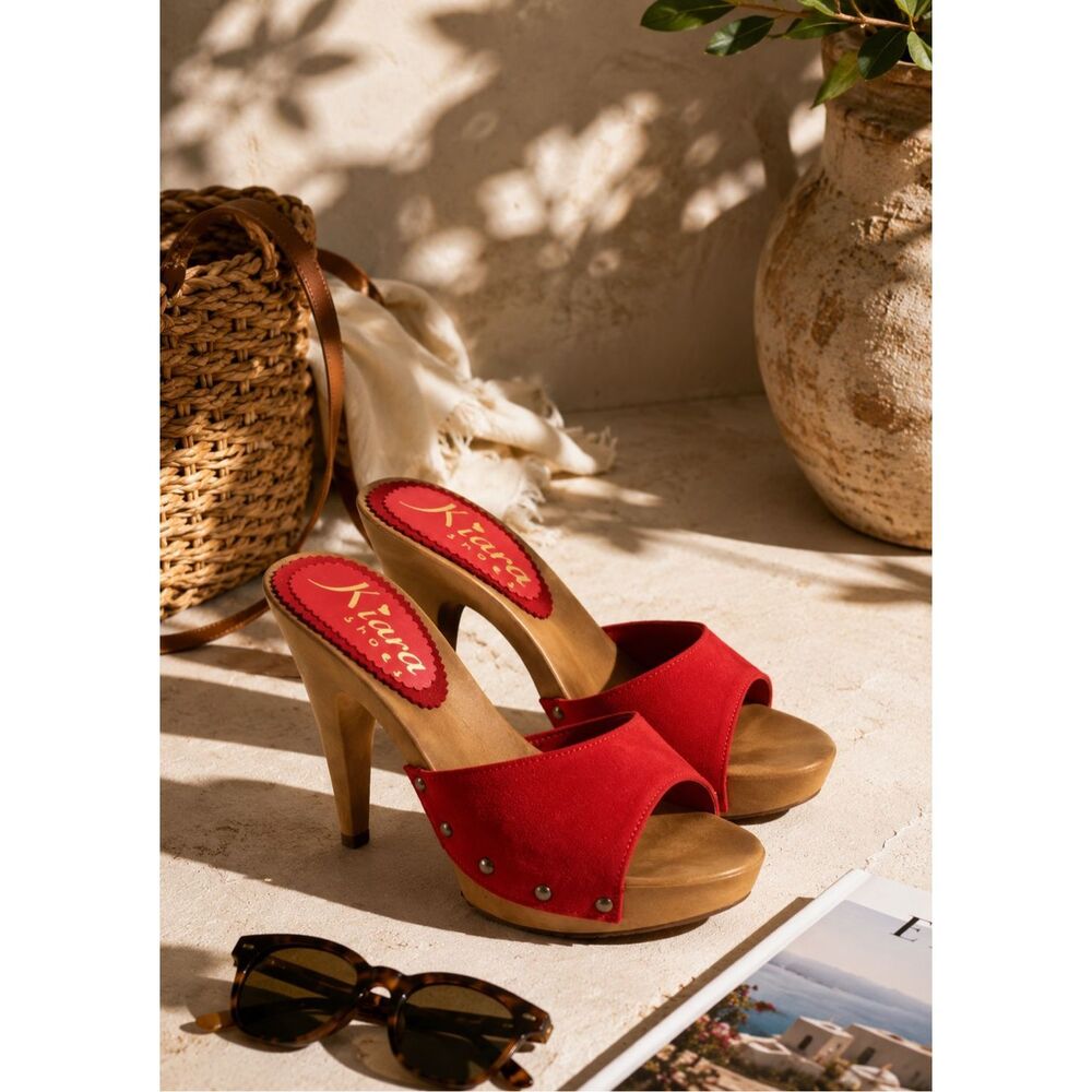 Kiara Suede Studded Platform Clog Heels in Red Size 9 Made in Italy